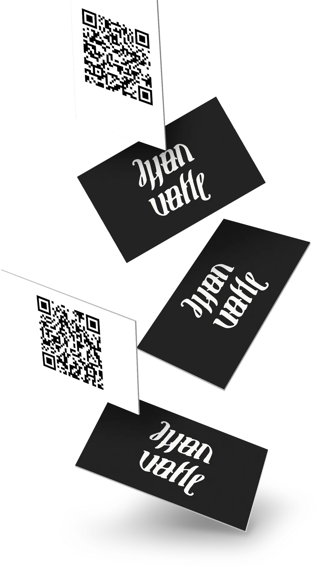 Cartões de visita pretos e brancos com o logo Luan Valle e QR Code