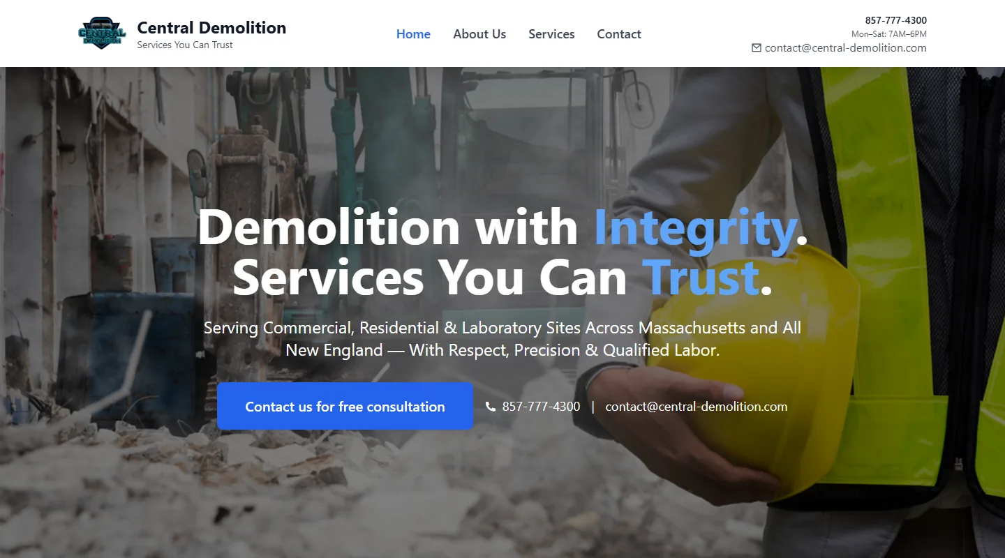 Site da Central Demolition, empresa de demolição em Massachusetts, EUA