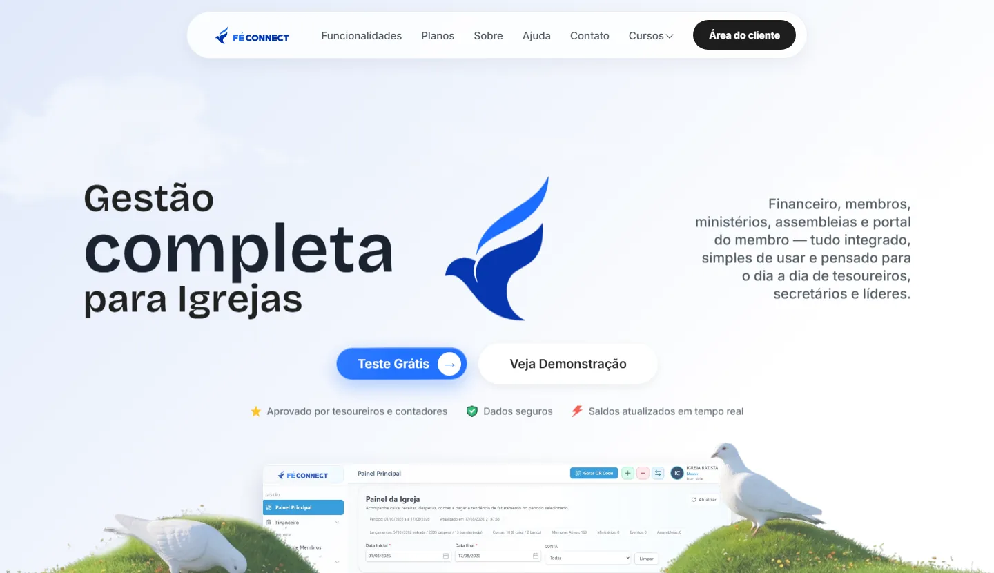 Site da FéConect, sistema de gestão para igrejas, com o símbolo da pomba