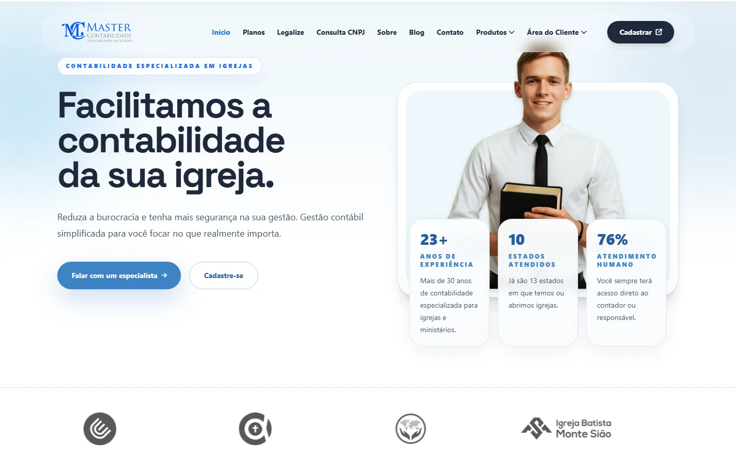 Página inicial do site da Master Contabilidade, contabilidade especializada em igrejas